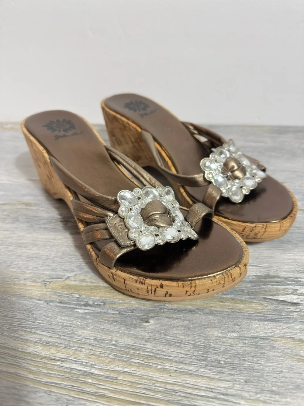 Yellow Box‎ Wedge Slide Sandals with Rhinestone Buckle - Bronze women’s size 7.5